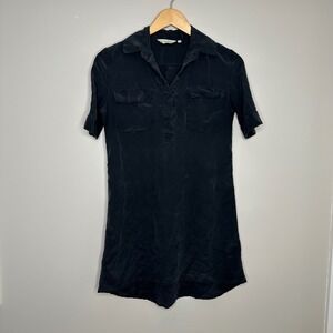 TYLHO by Anthro Women's Black Silk Short Sleeve Collared Shirt Dress Pockets XS‎